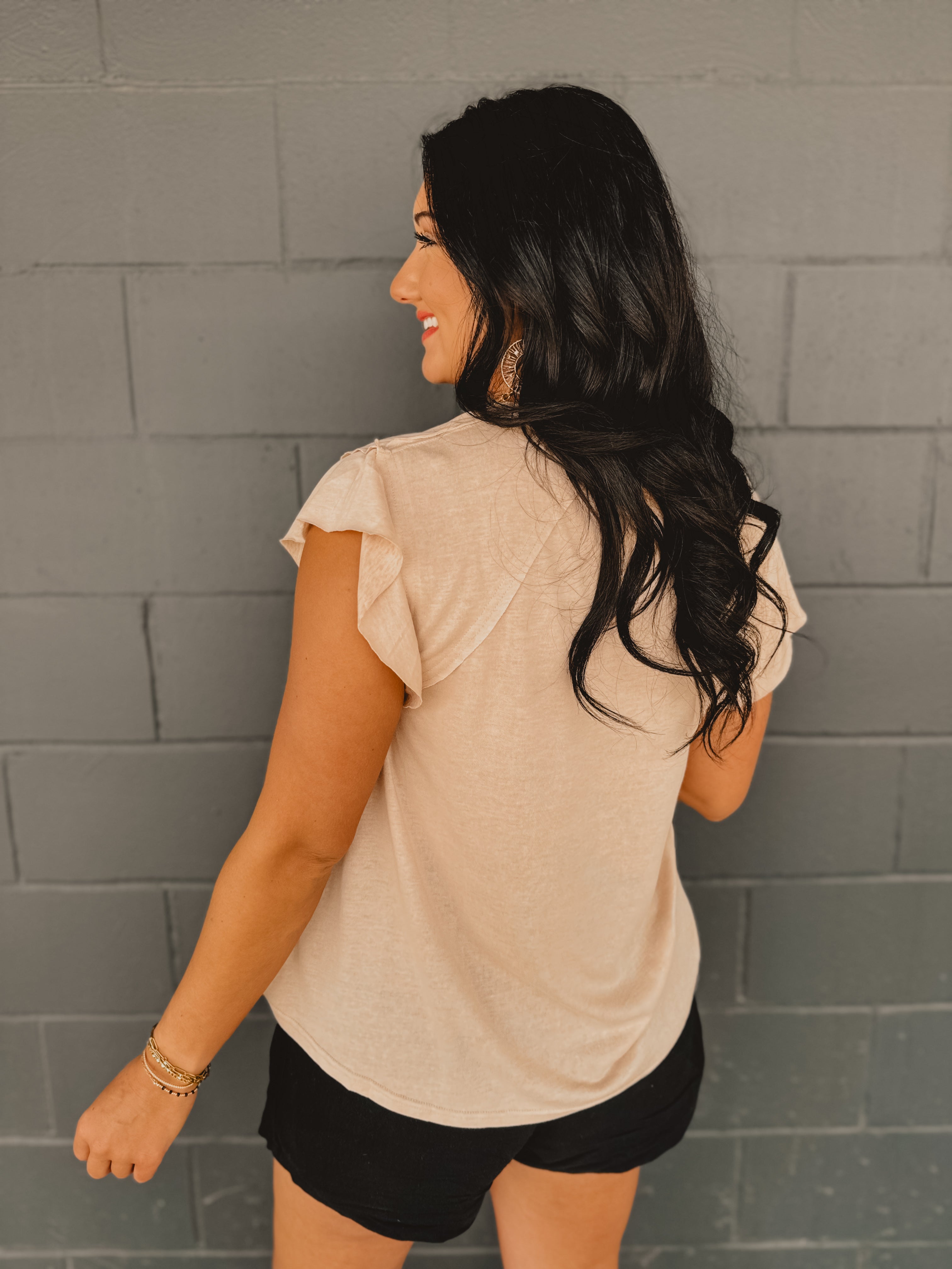 POL V-Neck Ruffle Sleeve Solid Basic Top - Beige - Lace and Grace Boutique