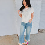 Crochet Trim Straight Leg Denim Jeans - Light Denim - Lace and Grace Boutique