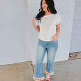 Crochet Trim Straight Leg Denim Jeans - Light Denim - Lace and Grace Boutique