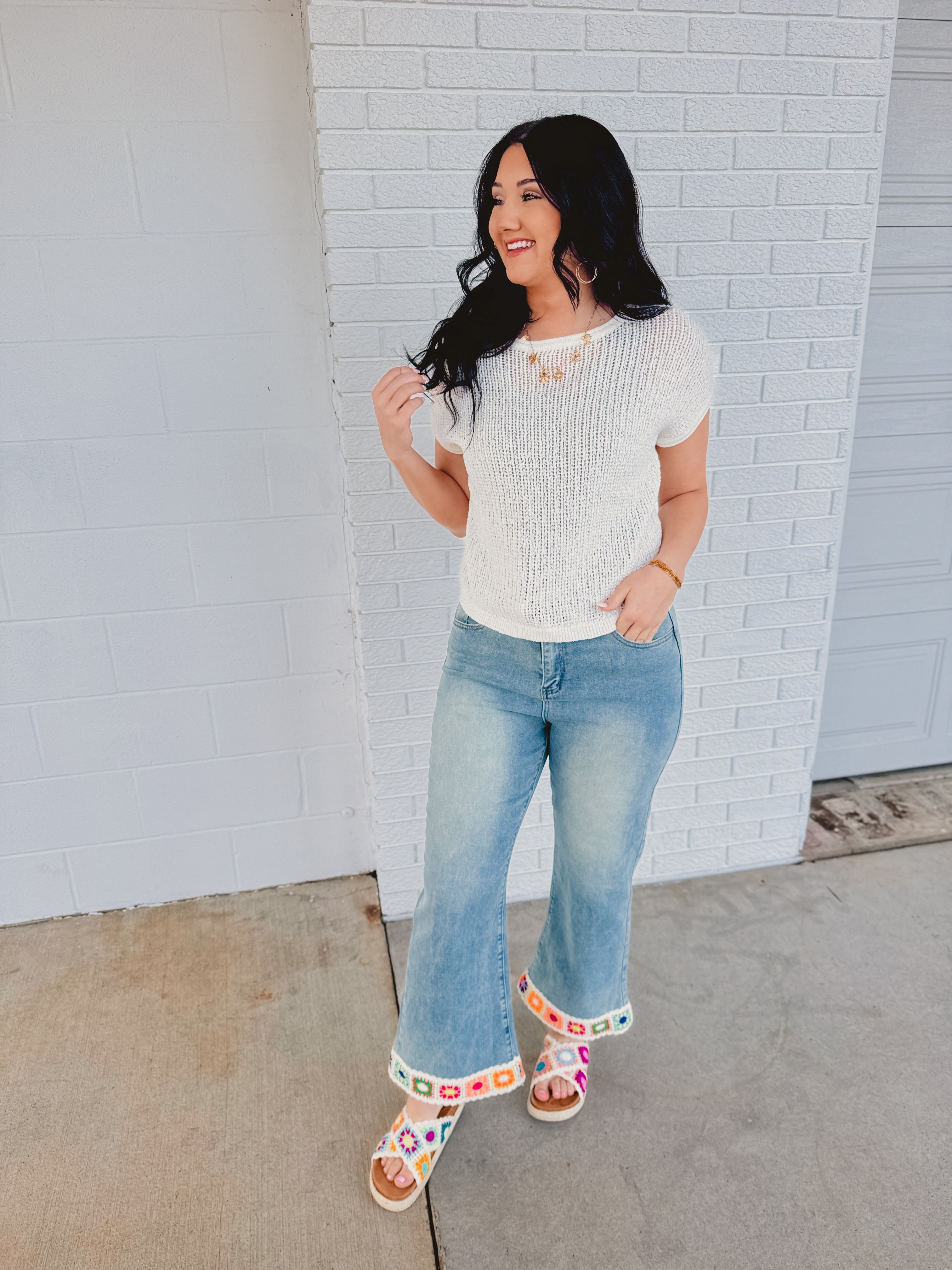 Crochet Trim Straight Leg Denim Jeans - Light Denim - Lace and Grace Boutique