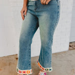 Crochet Trim Straight Leg Denim Jeans - Light Denim - Lace and Grace Boutique