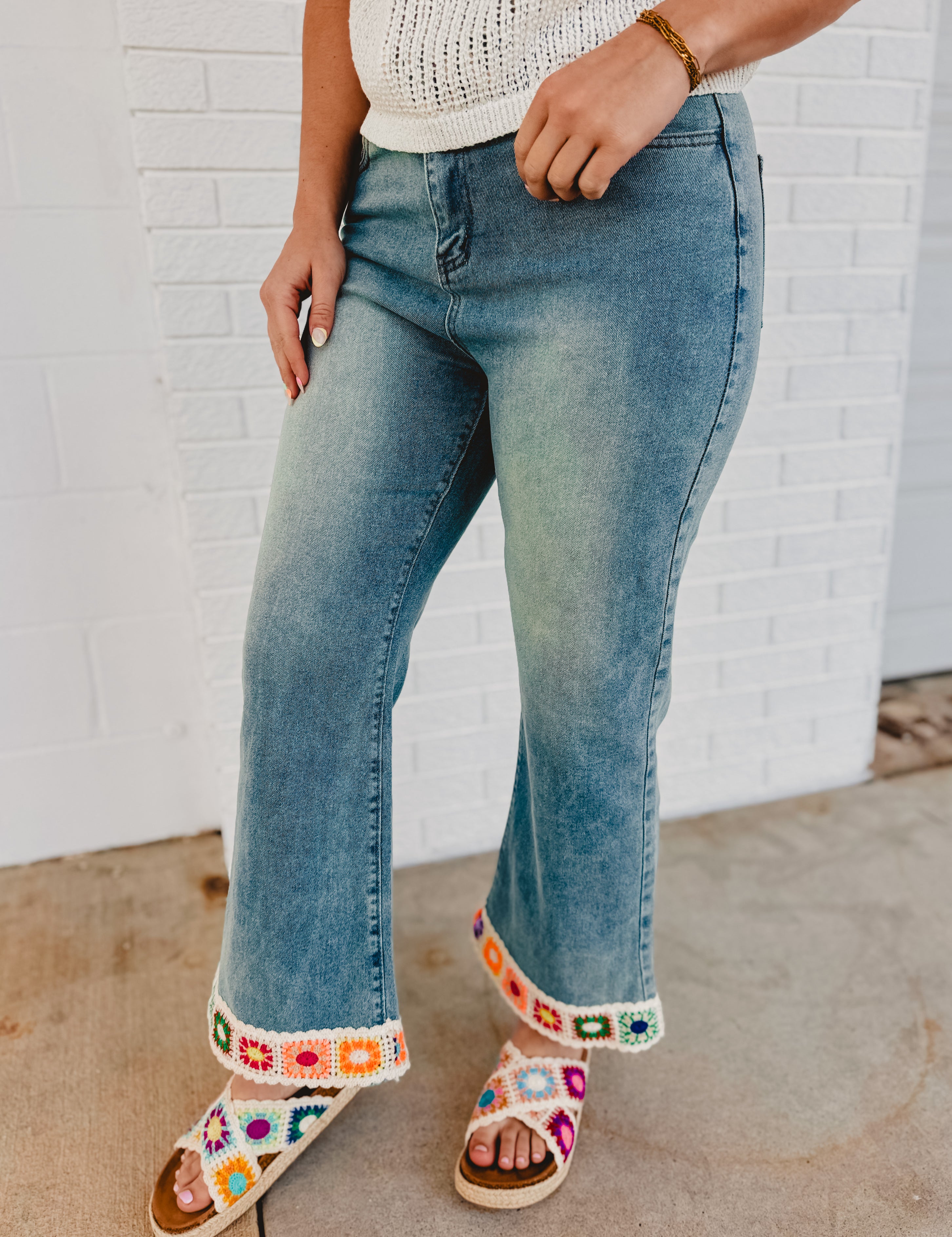Crochet Trim Straight Leg Denim Jeans - Light Denim - Lace and Grace Boutique