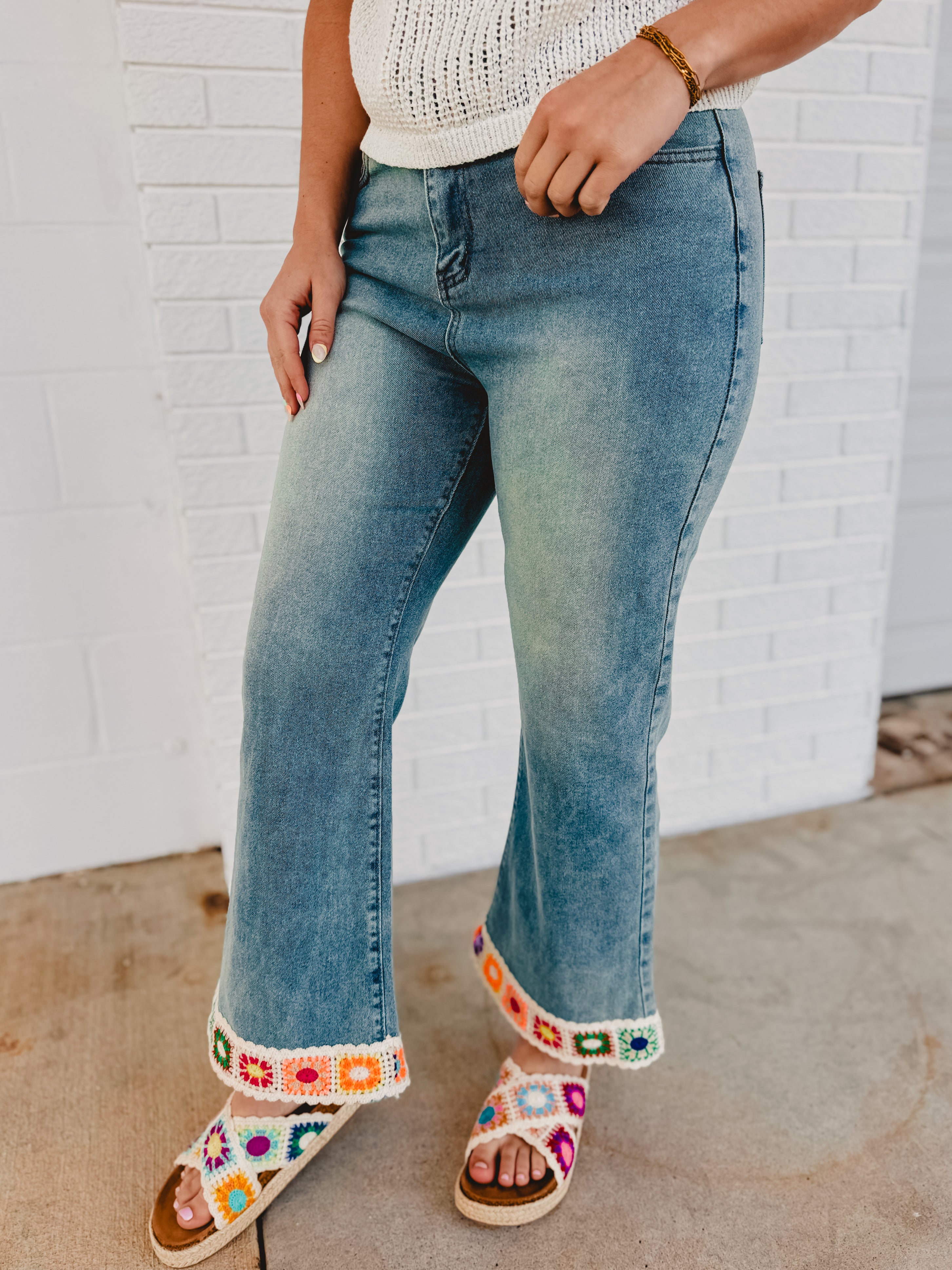 Crochet Trim Straight Leg Denim Jeans - Light Denim - Lace and Grace Boutique