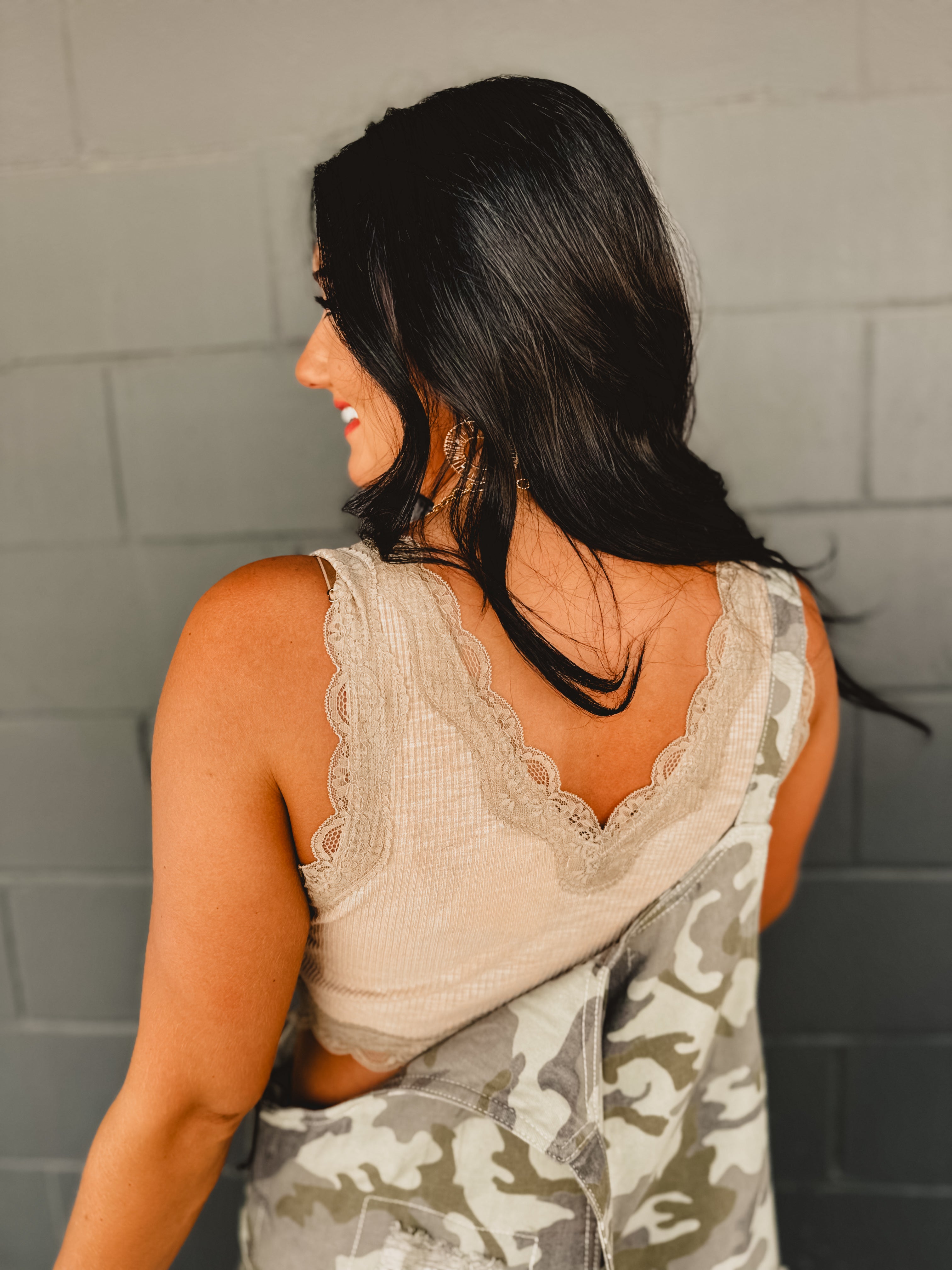 POL Lace Detail Cropped Tank Top - Dried Taupe - Lace and Grace Boutique