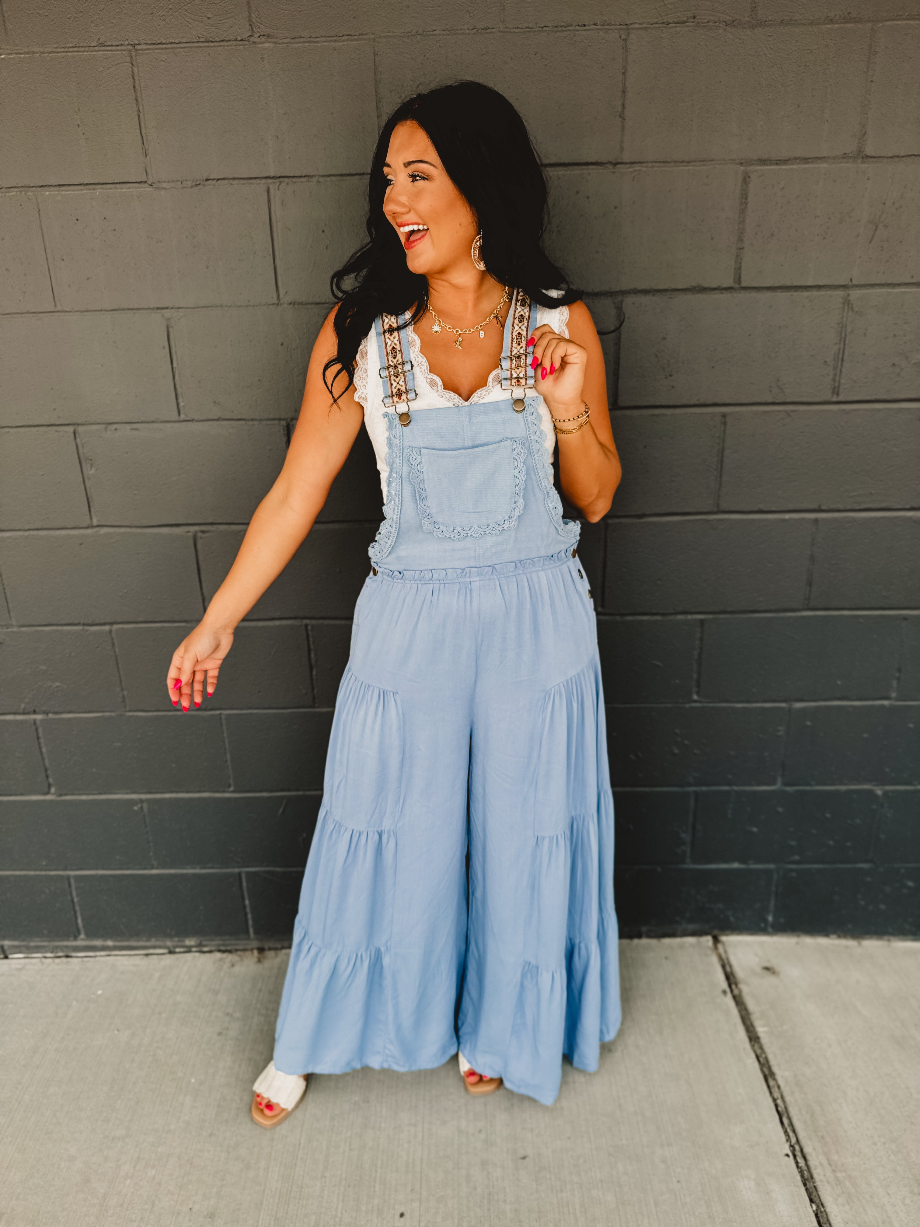 Lace Trim Tiered Jumpsuit - Dusty Blue - Lace and Grace Boutique