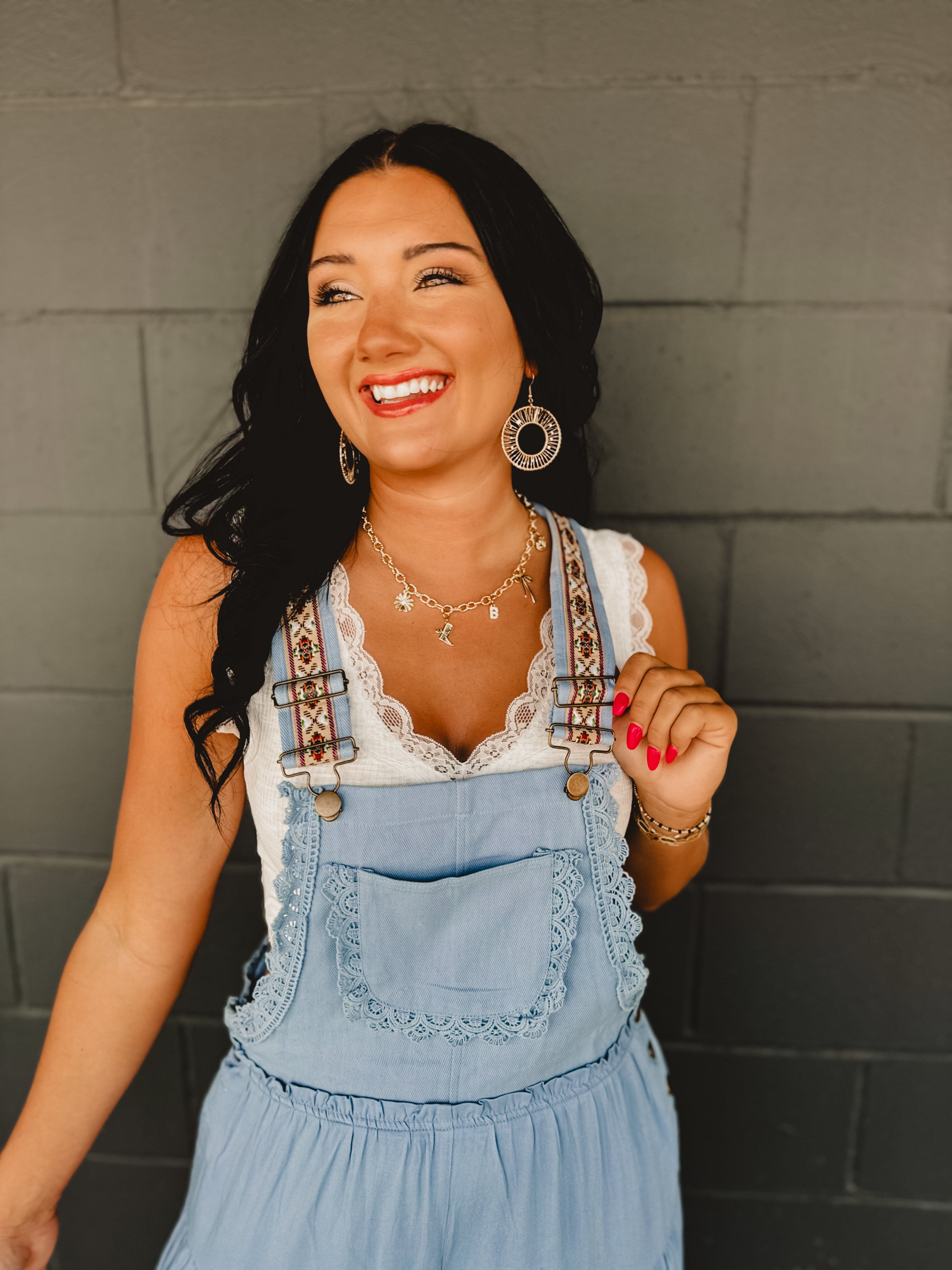 Lace Trim Tiered Jumpsuit - Dusty Blue - Lace and Grace Boutique
