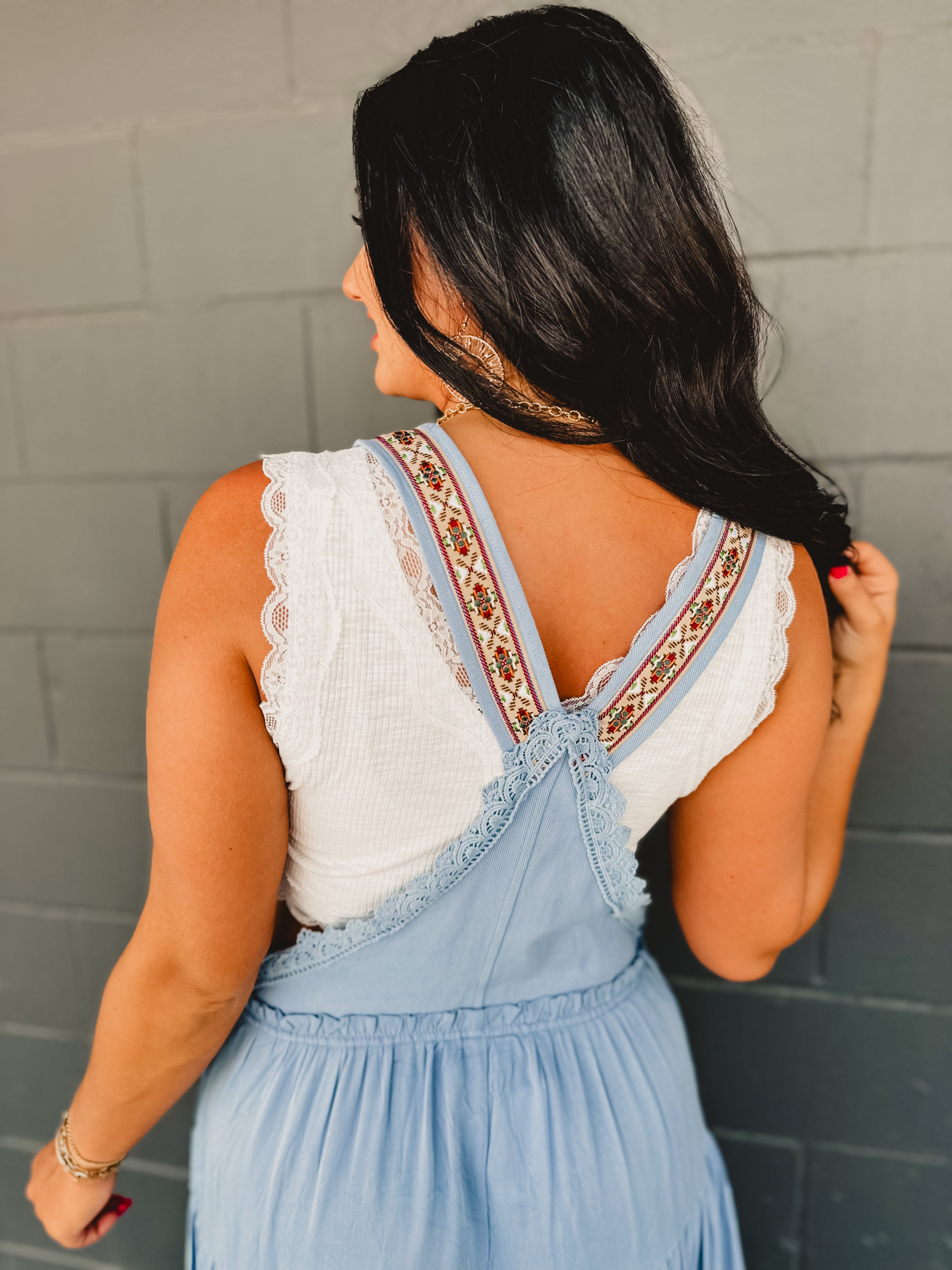 Lace Trim Tiered Jumpsuit - Dusty Blue - Lace and Grace Boutique