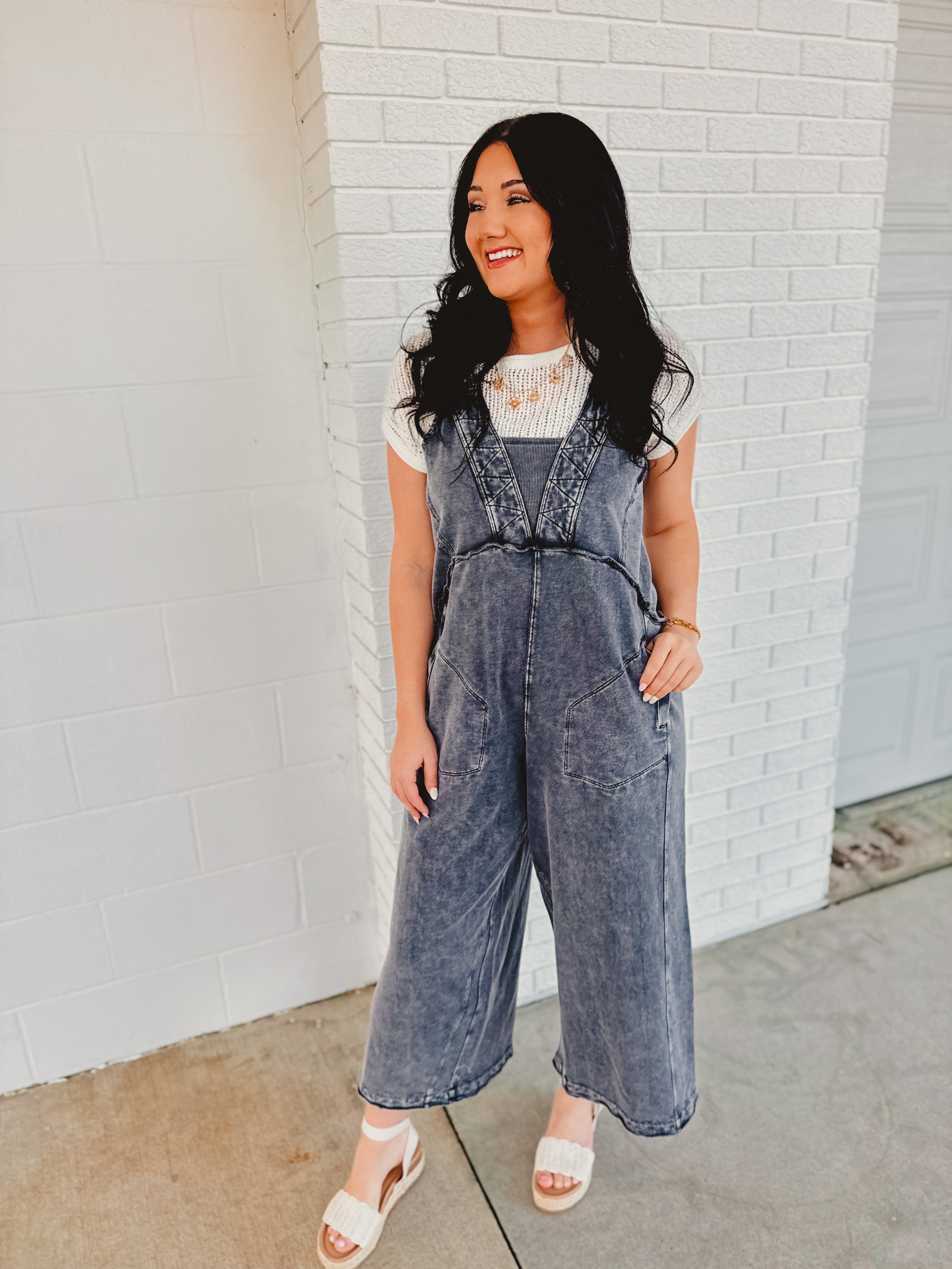 Washed Soft Terry Knit Jumpsuit - Moon River - Lace and Grace Boutique