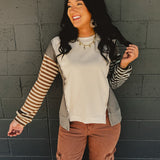 Color Block Striped Sleeve Top - Ecru/Olive