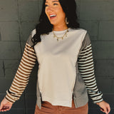 Color Block Striped Sleeve Top - Ecru/Olive