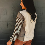 Color Block Striped Sleeve Top - Ecru/Olive