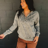 Washed Hooded Button Detail Top - Stone