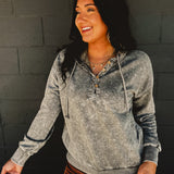 Washed Hooded Button Detail Top - Stone