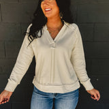Hooded Raw Edge Long Sleeve Top - Cream