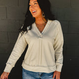Hooded Raw Edge Long Sleeve Top - Cream