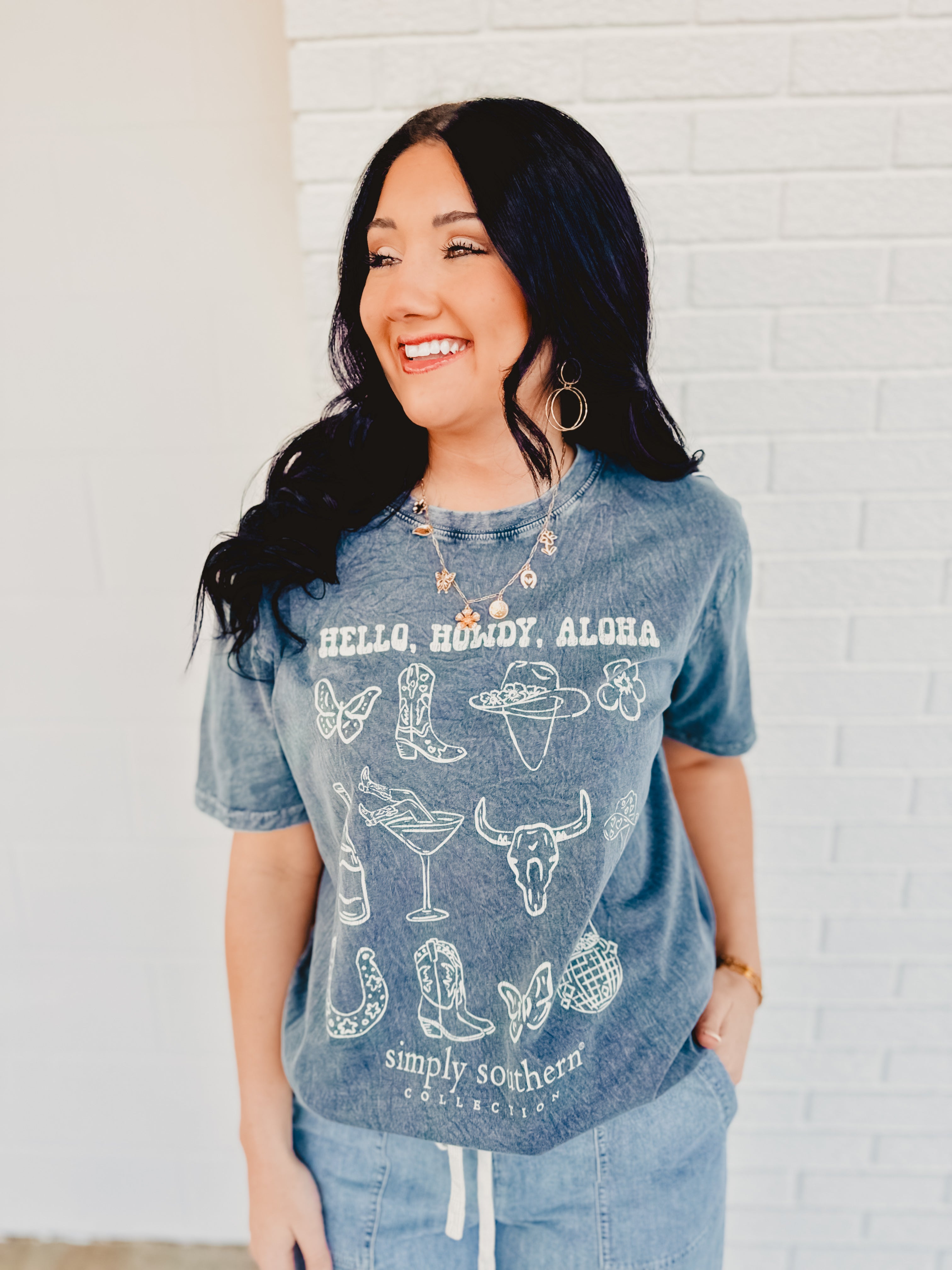 Simply Southern Hello, Howdy, Aloha Tee - Washed Charcoal - Lace and Grace Boutique