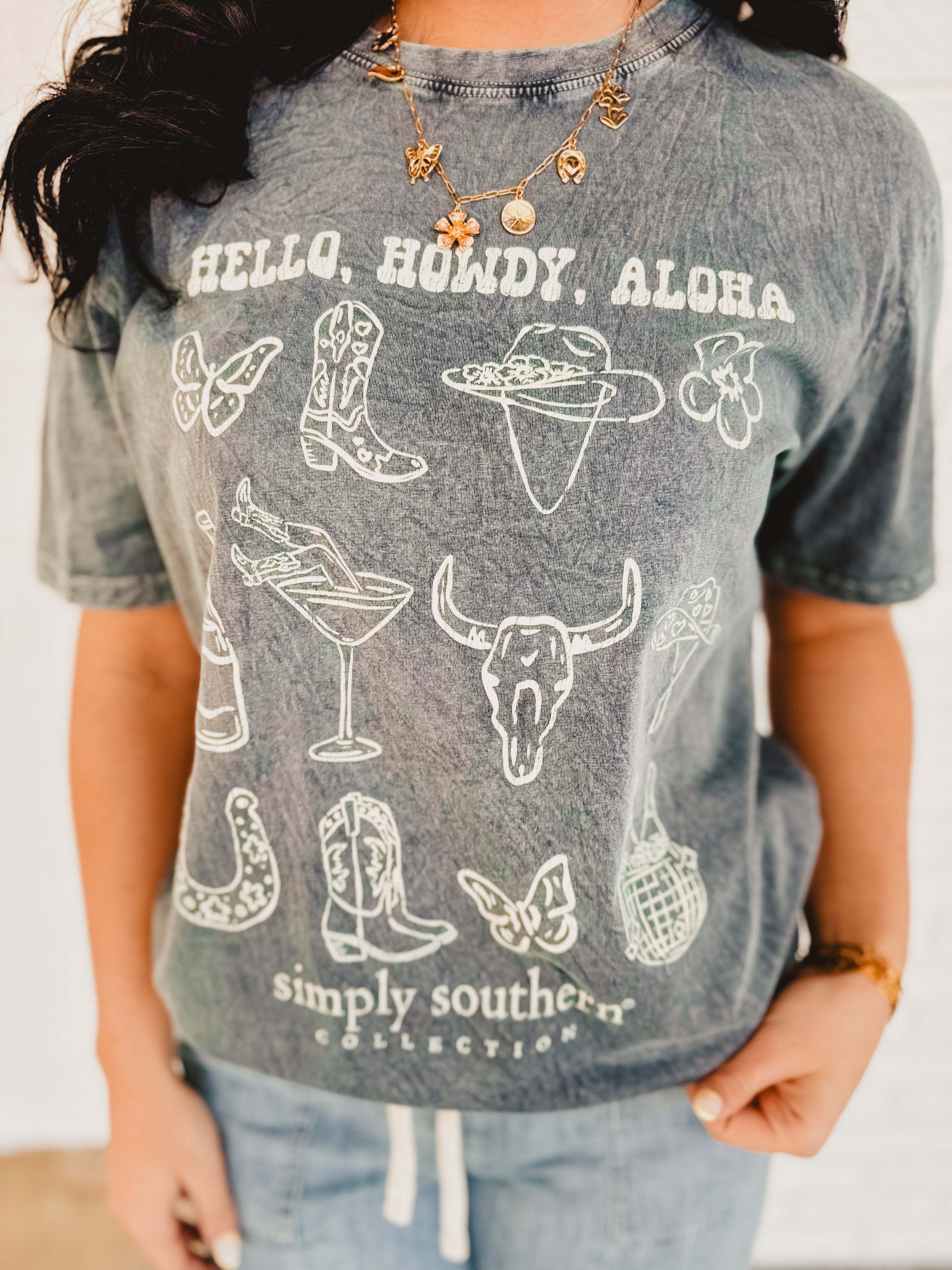 Simply Southern Hello, Howdy, Aloha Tee - Washed Charcoal - Lace and Grace Boutique
