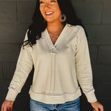 Hooded Raw Edge Long Sleeve Top - Cream