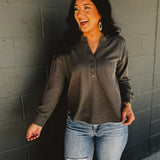 Ribbed V-Neck Long Sleeve Top - Charcoal