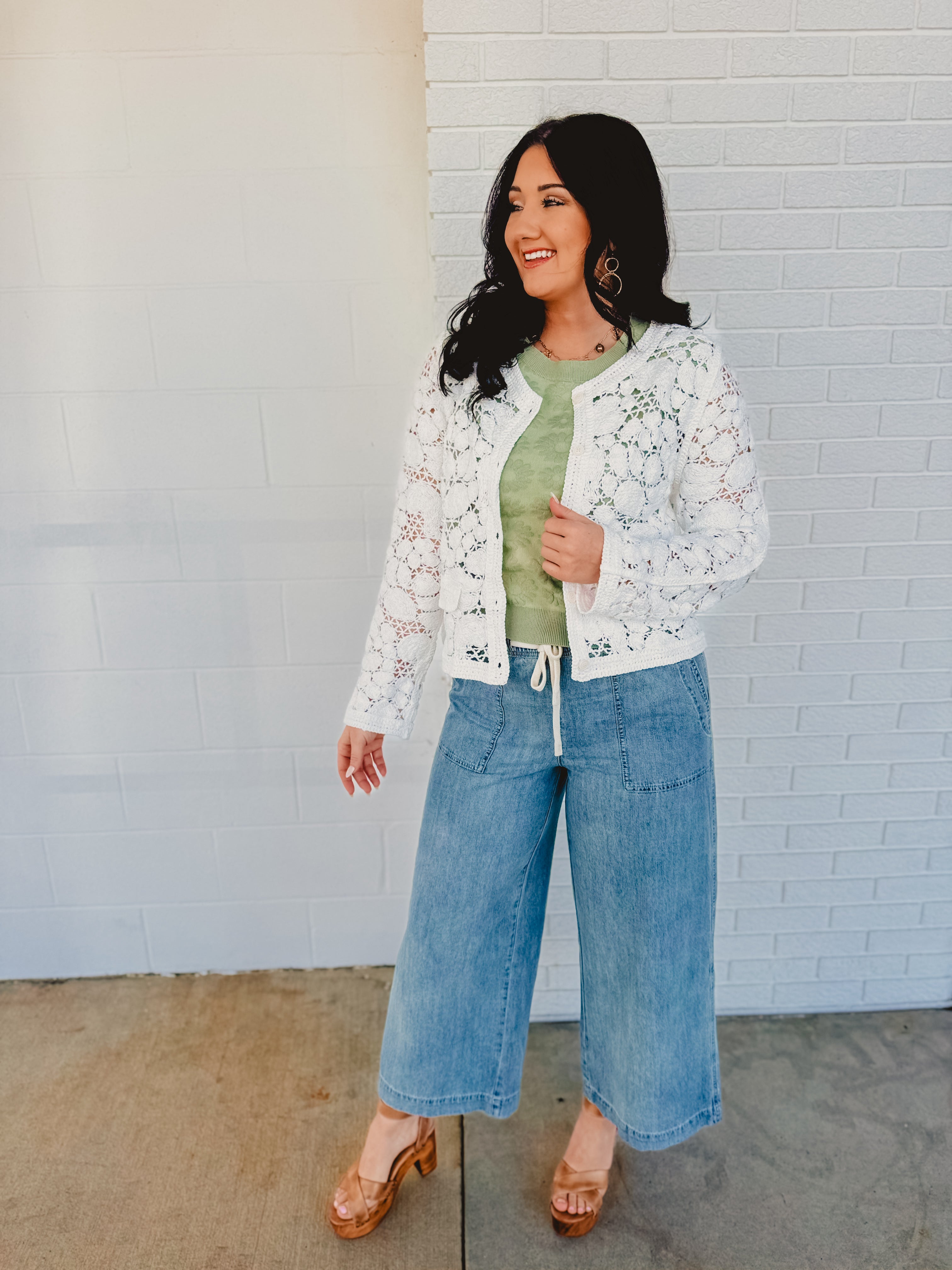 Long Sleeve Button Up Crochet Cardigan - Off White - Lace and Grace Boutique