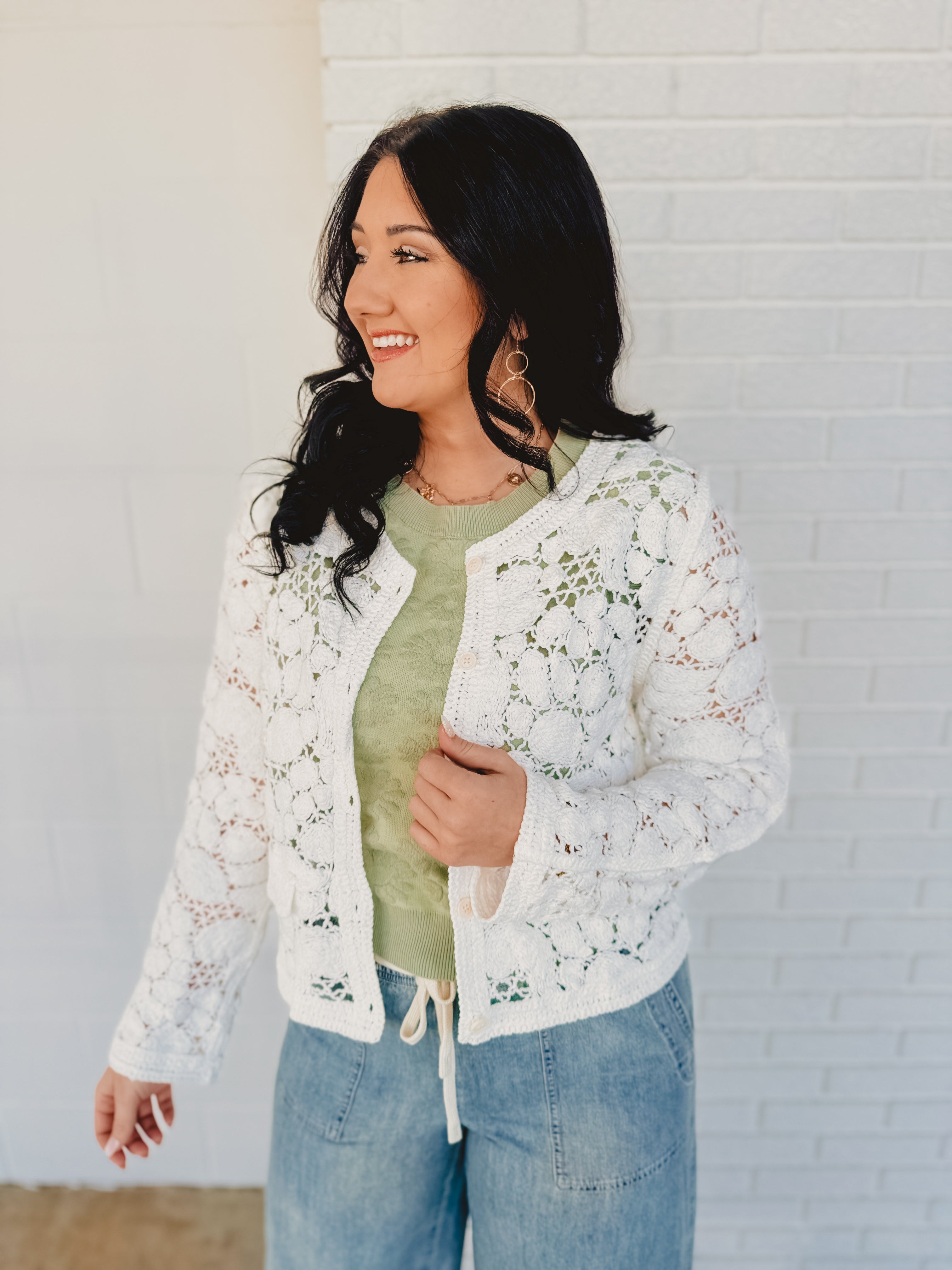 Long Sleeve Button Up Crochet Cardigan - Off White - Lace and Grace Boutique