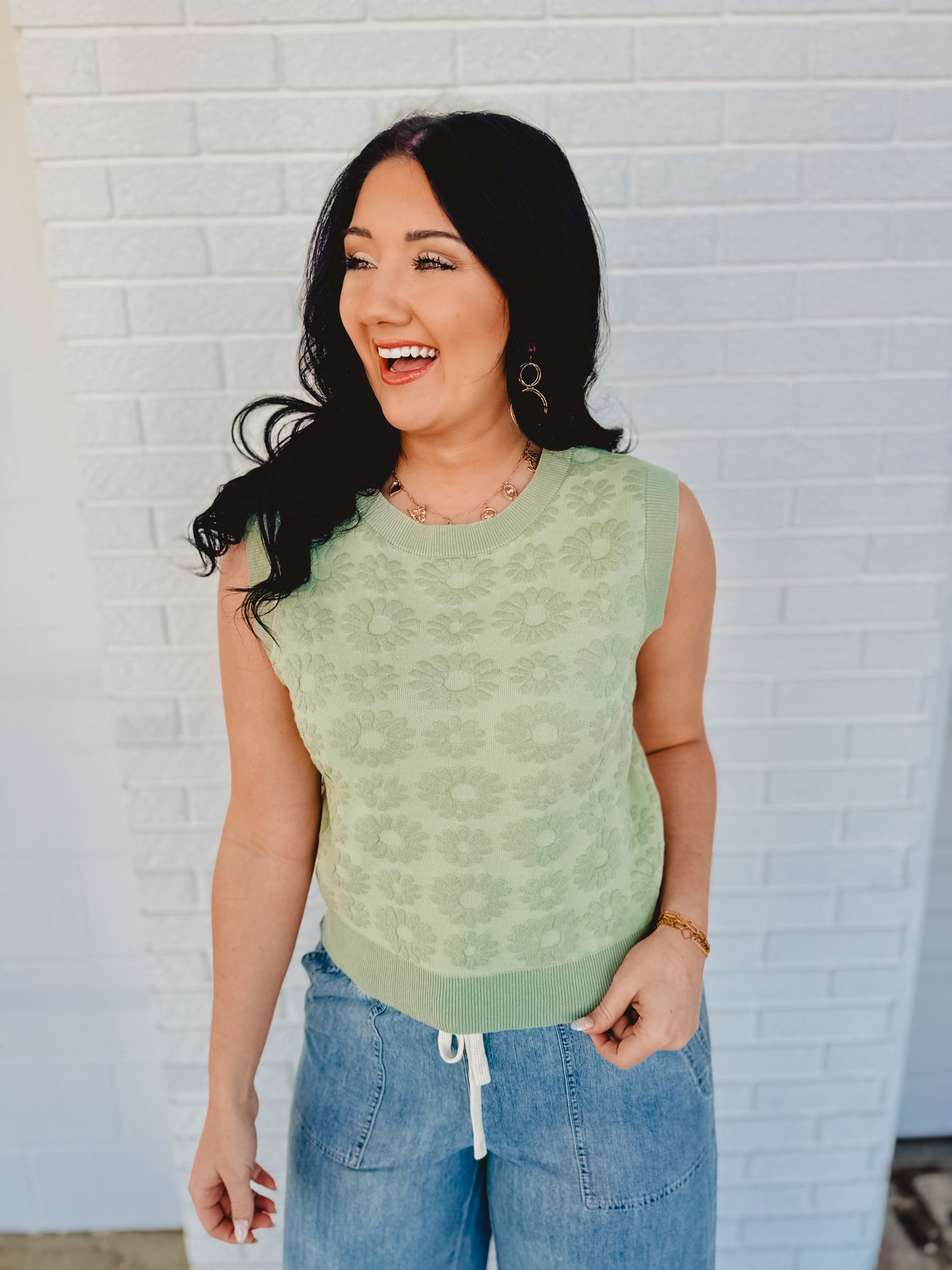 Floral Jacquard Sweater Knit Top - Sage - Lace and Grace Boutique