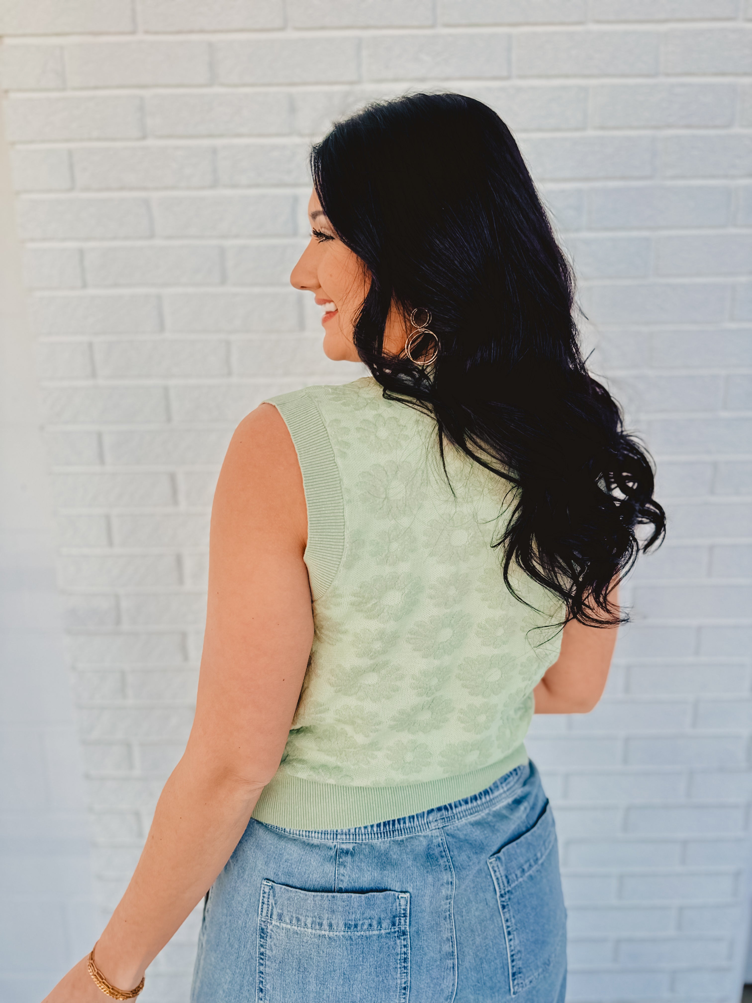 Floral Jacquard Sweater Knit Top - Sage - Lace and Grace Boutique