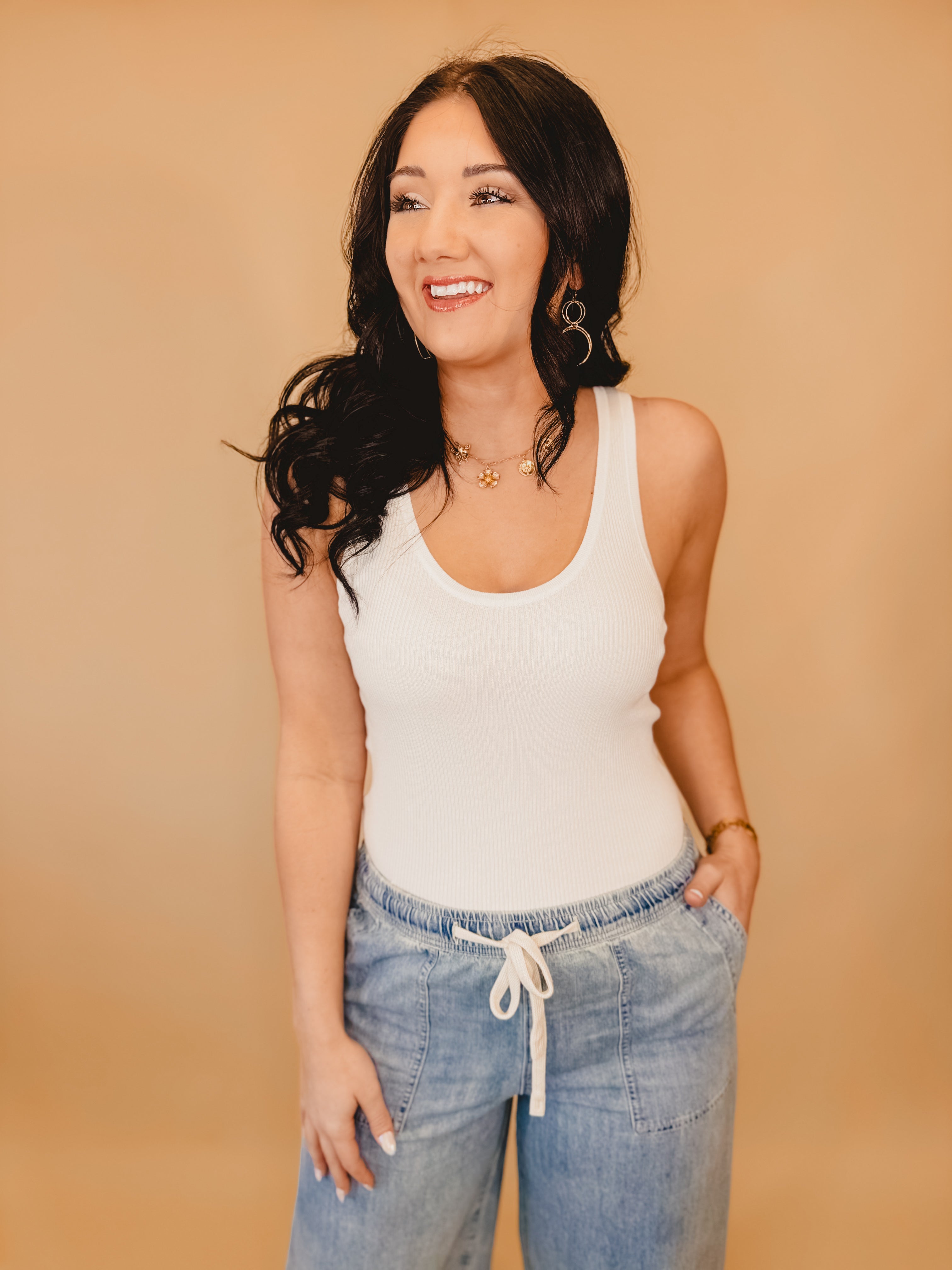 Ribbed Scoop Neck Knit Tank - Off White - Lace and Grace Boutique