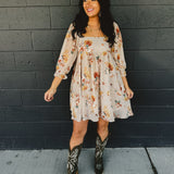 Floral Long Sleeve Babydoll Mini Dress - Nude