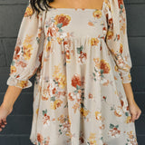 Floral Long Sleeve Babydoll Mini Dress - Nude