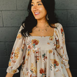 Floral Long Sleeve Babydoll Mini Dress - Nude