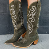 Artisan Embroidered Western Tall Boots - Olive