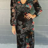 Burnout Velvet Long Sleeve Maxi Dress - Red Rose Gold