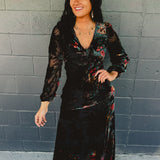 Burnout Velvet Long Sleeve Maxi Dress - Red Rose Gold