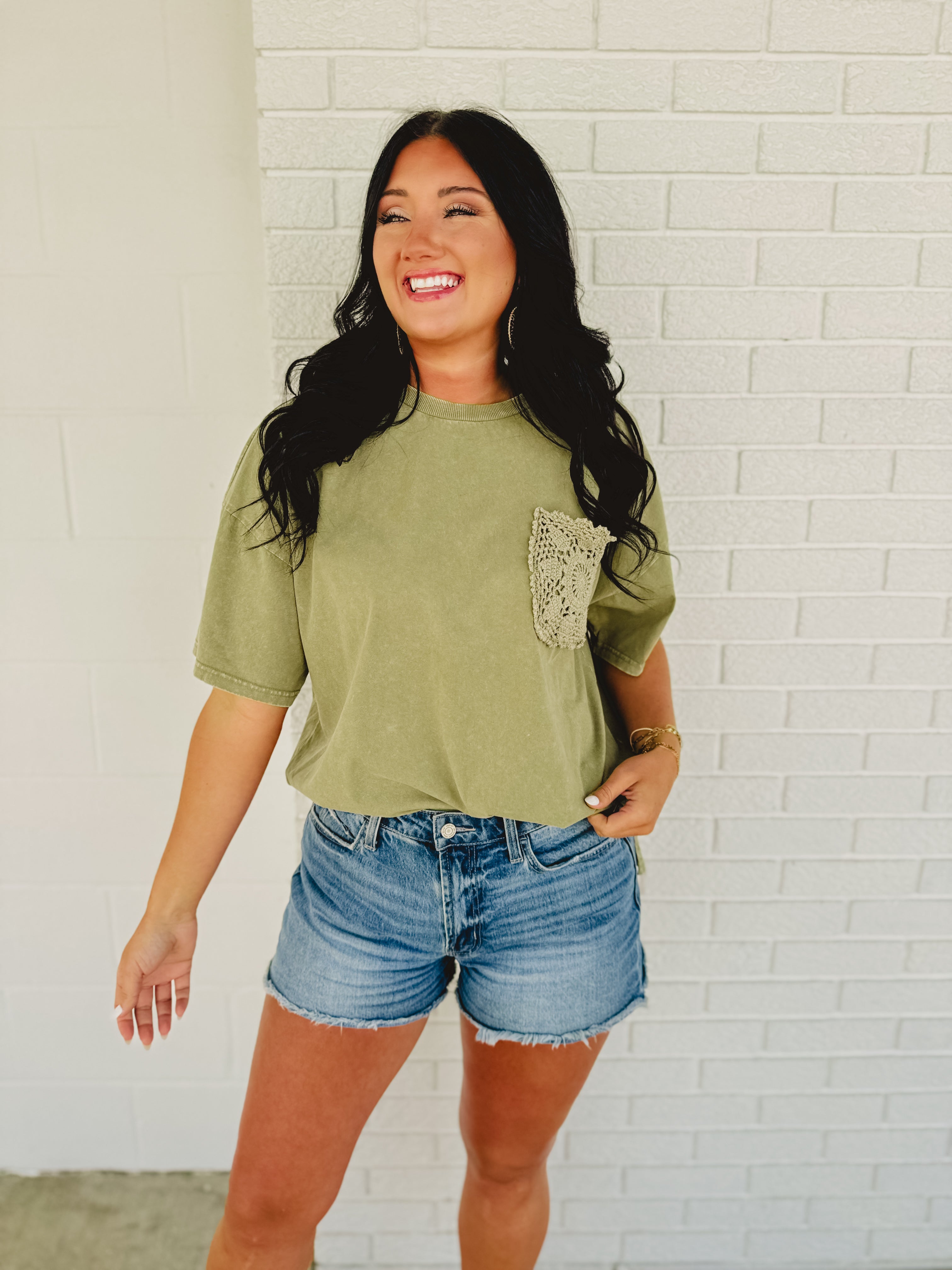 Short Sleeve Mineral Washed Oversized Top - Washed Olive - Lace and Grace Boutique