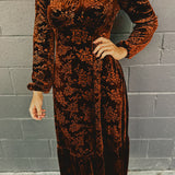 Velvet Embossed Long Sleeve Maxi Dress - Mocha