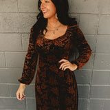 Velvet Embossed Long Sleeve Maxi Dress - Mocha