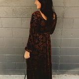 Velvet Embossed Long Sleeve Maxi Dress - Mocha