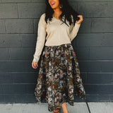 Floral Organza Pleated Midi Skirt - Black