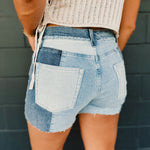 Patchwork Stretch Mid Rise Denim Shorts - Lace and Grace Boutique