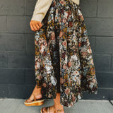 Floral Organza Pleated Midi Skirt - Black
