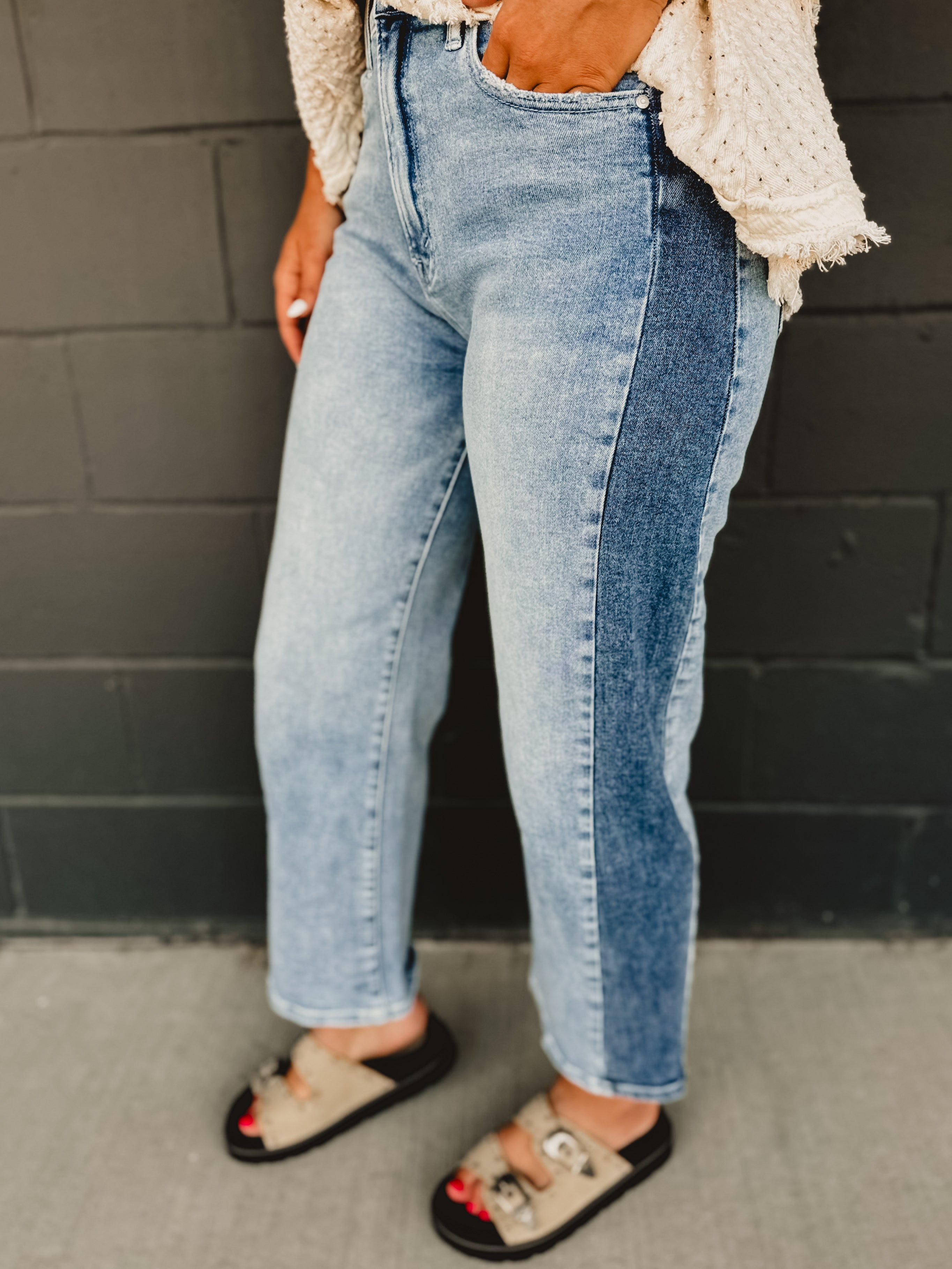 Two Tone Stretch Barrel Crop Blue Jean - Lace and Grace Boutique