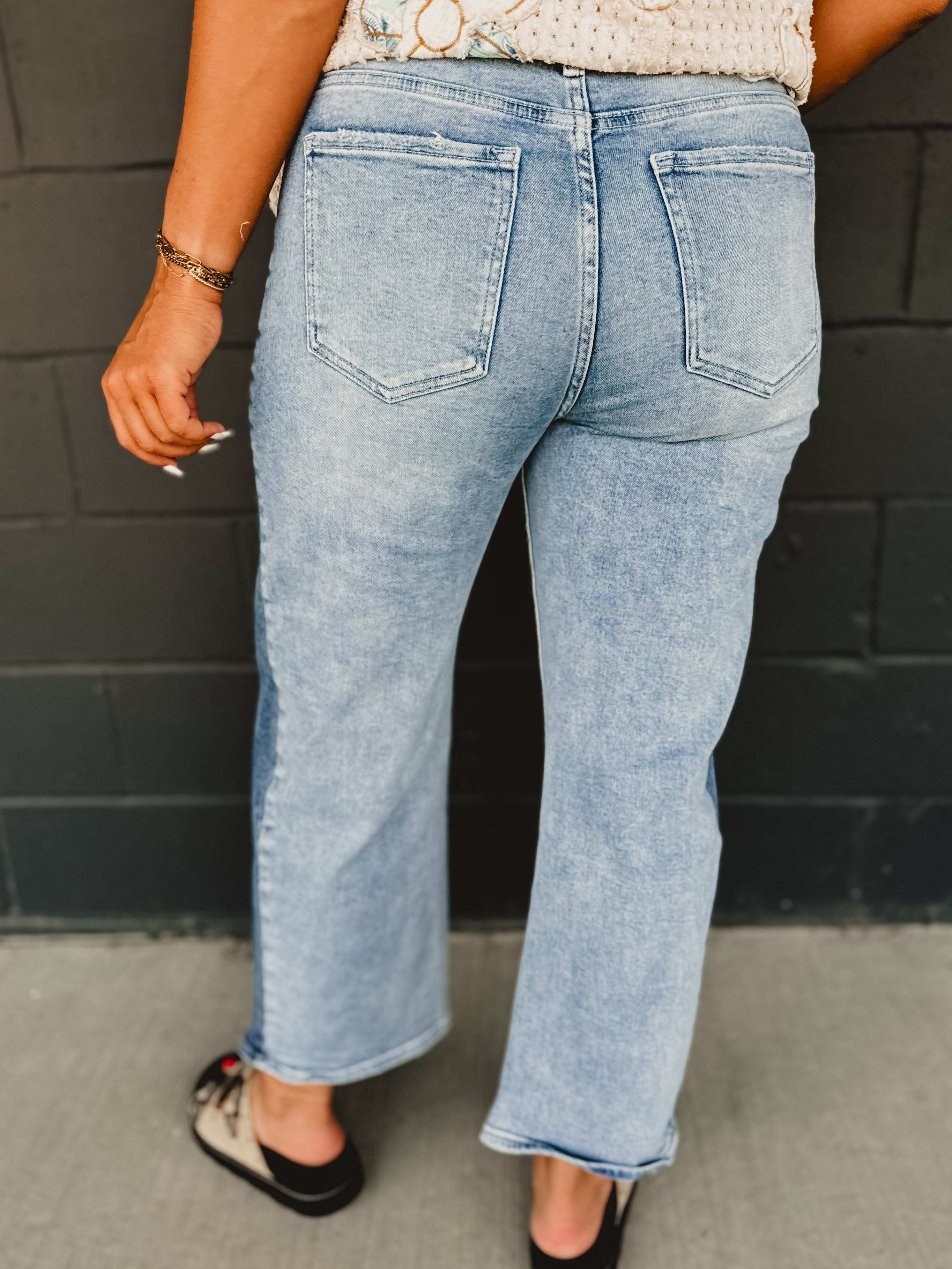 Two Tone Stretch Barrel Crop Blue Jean - Lace and Grace Boutique