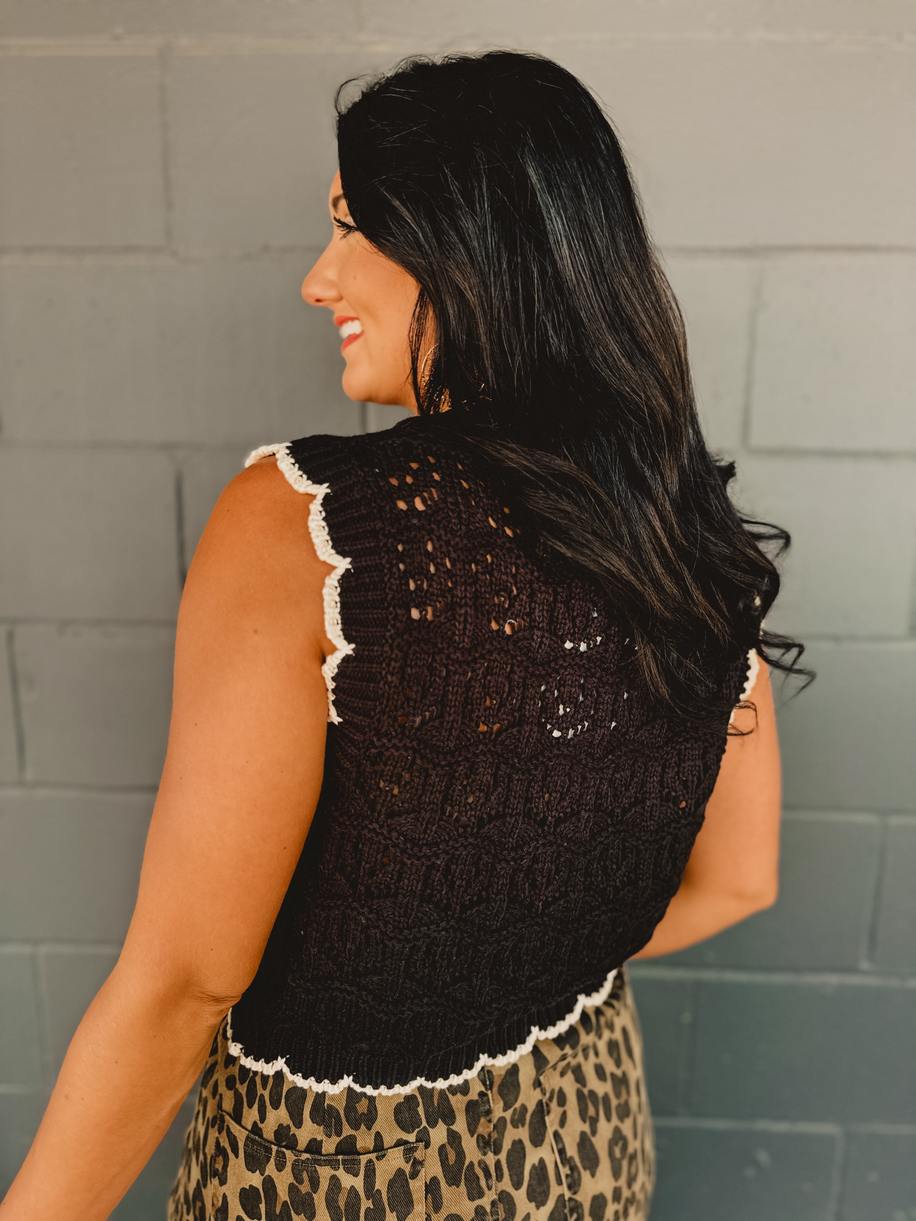 Scalloped Crochet Sweater Vest With Bow Details - Black/Natural - Lace and Grace Boutique