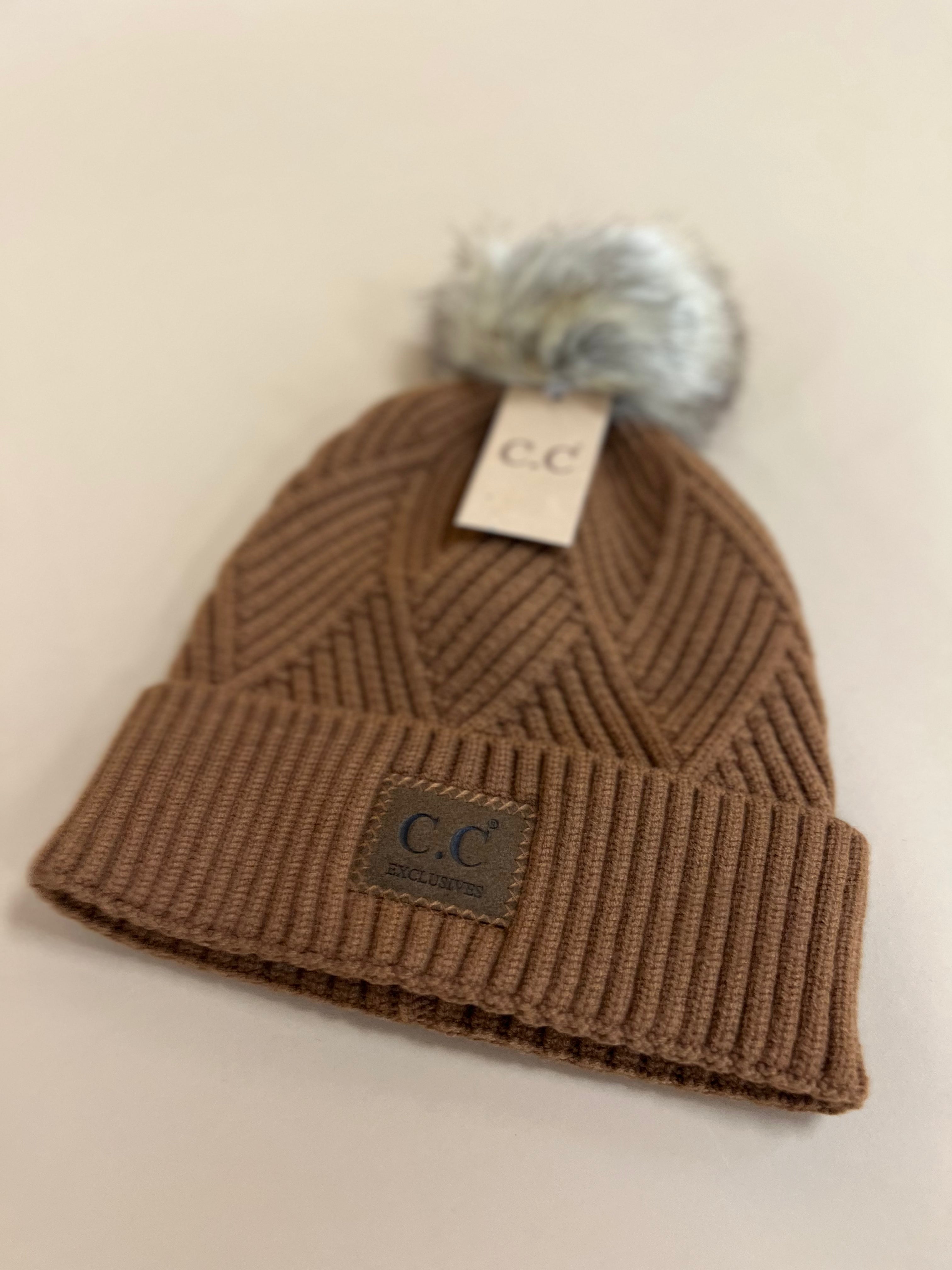 C.C Stripe Knit Pom Beanie - Cocoa - Lace and Grace Boutique