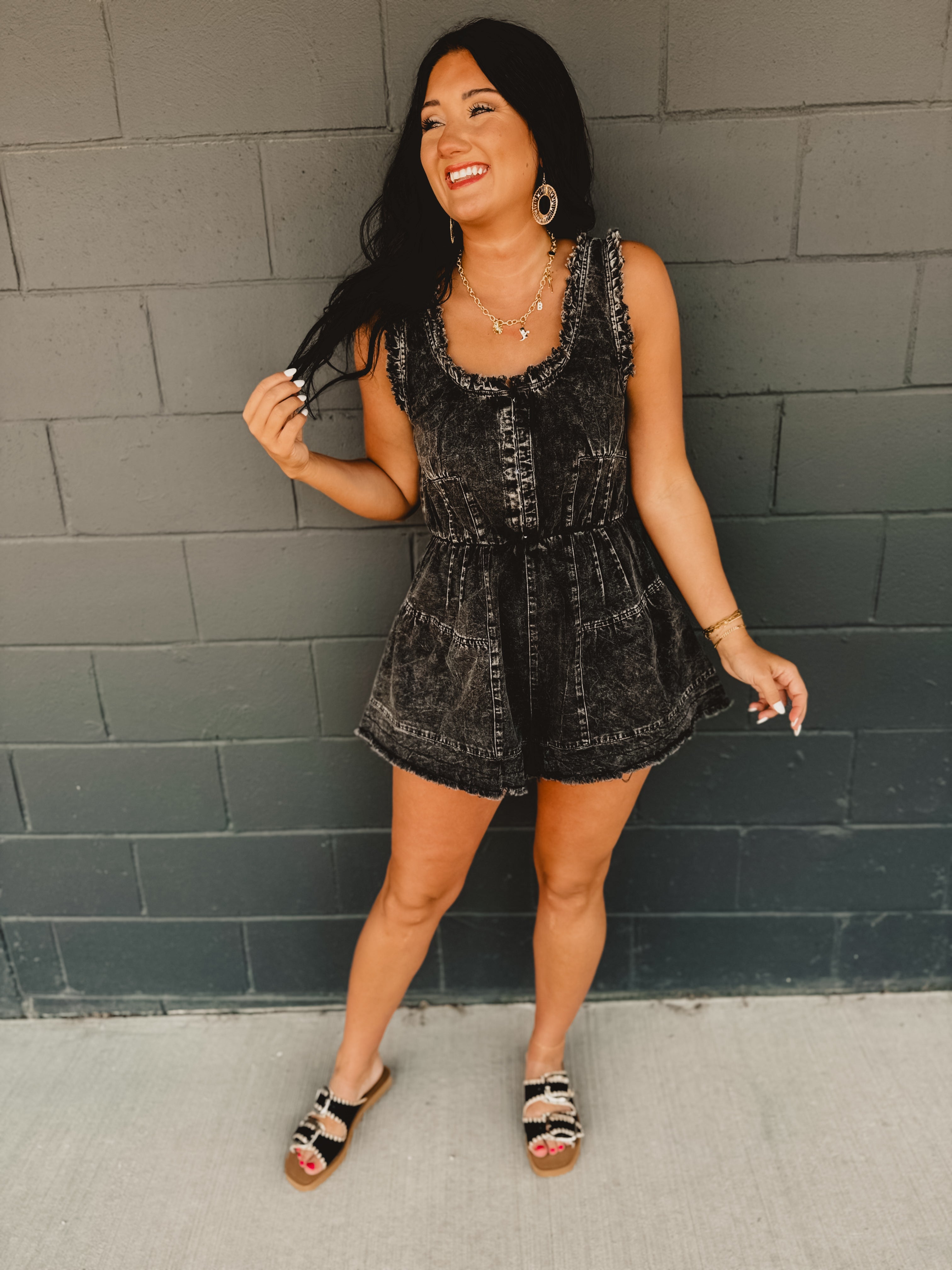 Denim Fringed Romper - Black - Lace and Grace Boutique