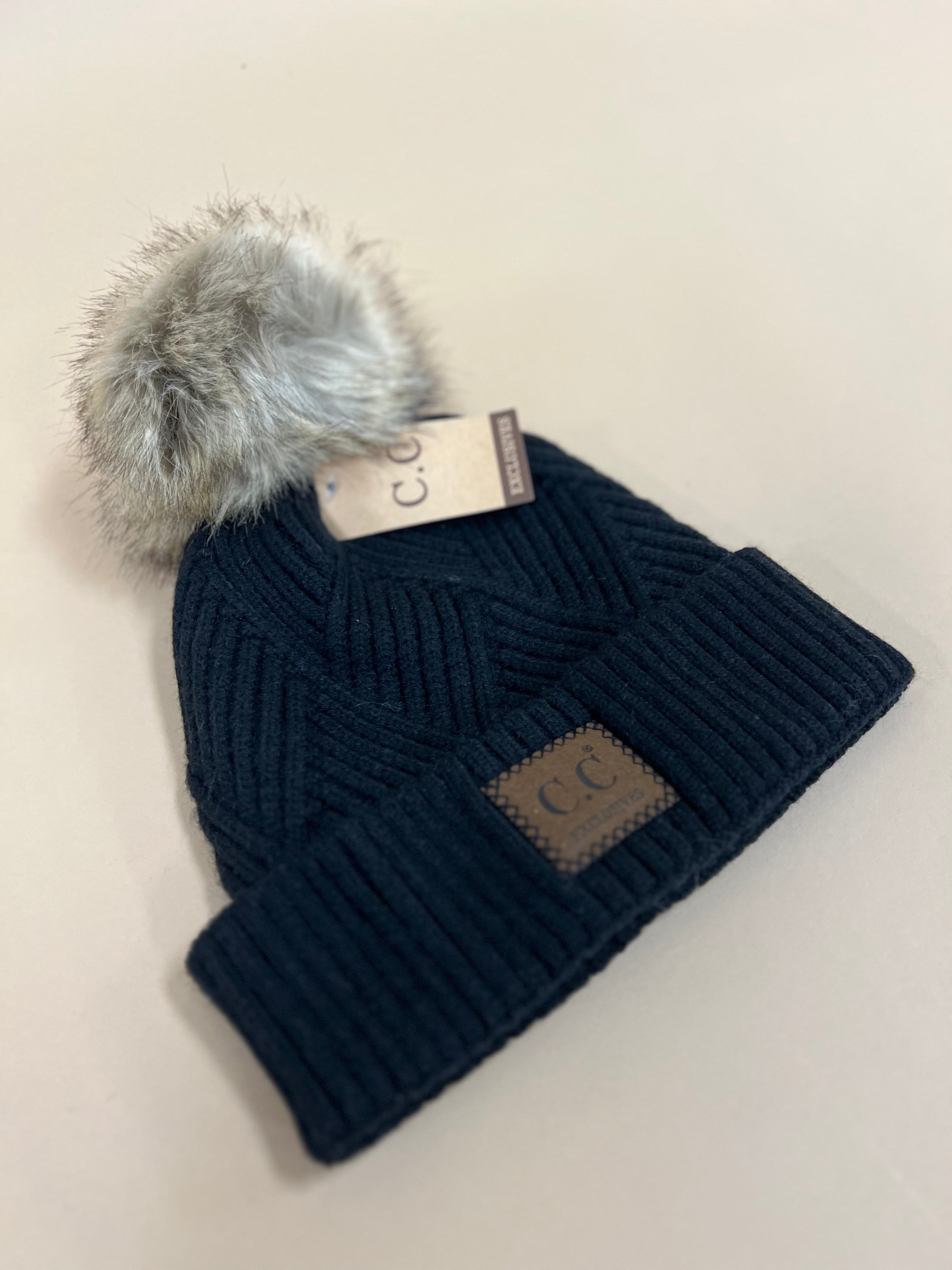C.C Diagonal Stripe Knit Pattern Pom Beanie - Black - Lace and Grace Boutique