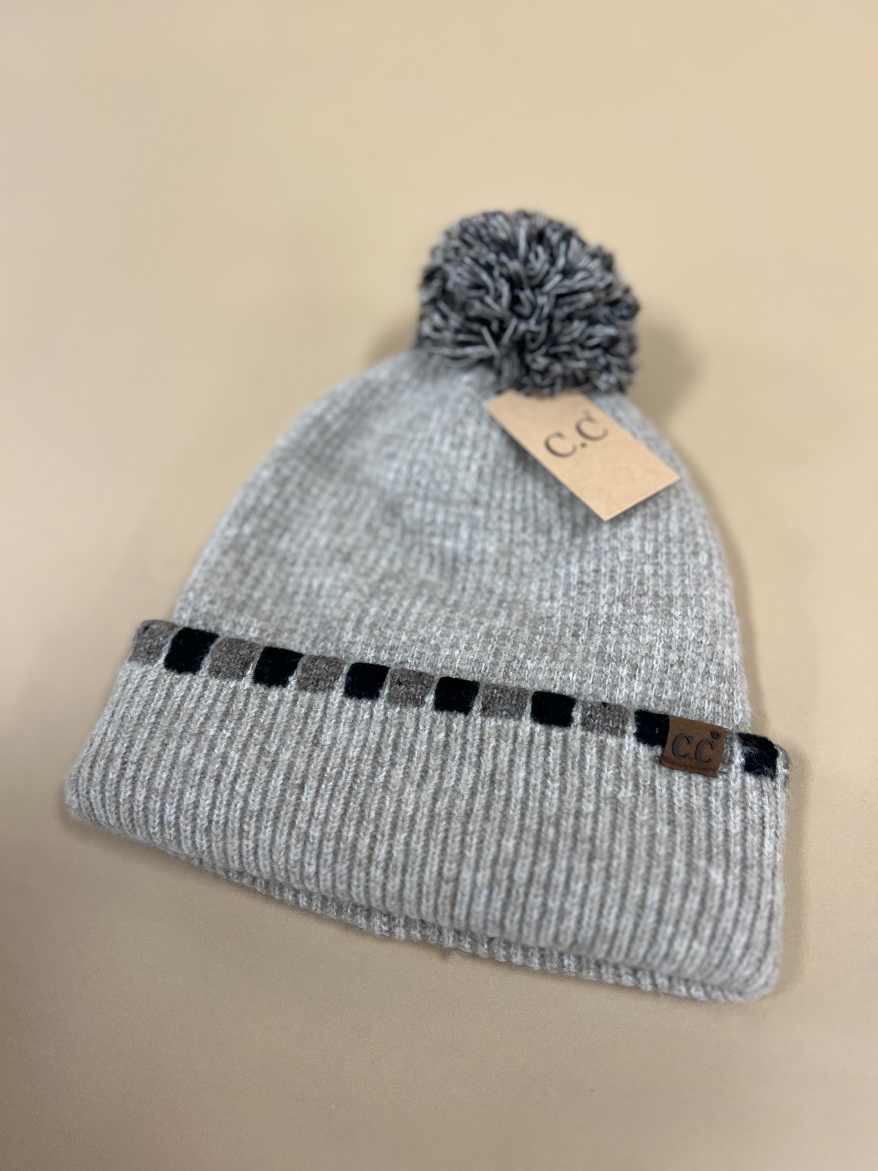 C.C Horizontal Stripe Cuffed Pom Beanie - Taupe - Lace and Grace Boutique