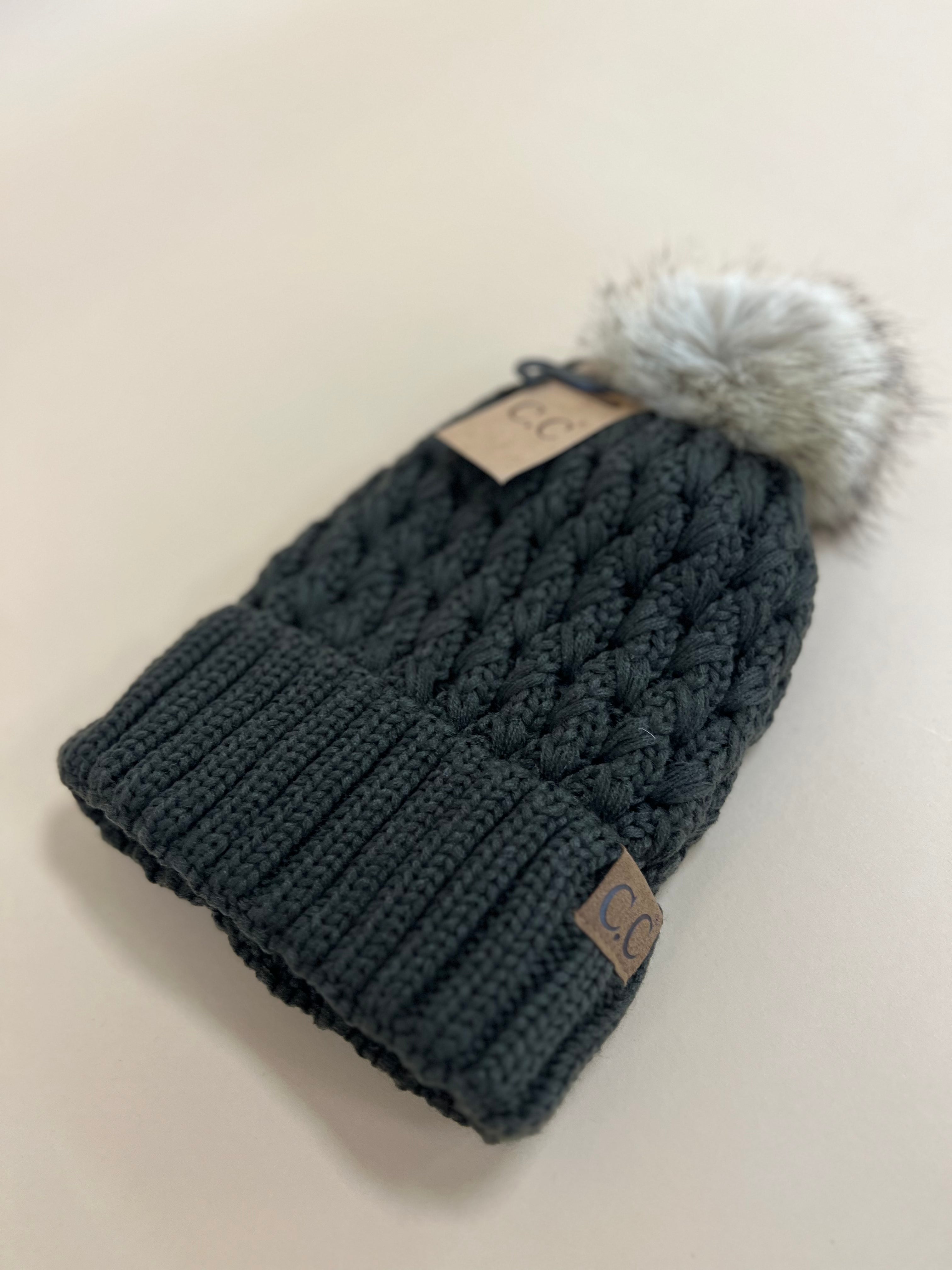 C.C Cable Knit With Pom Beanie - Moss - Lace and Grace Boutique