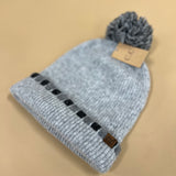 C.C Neutral Horizontal Stripe Cuffed Pom Beanie - Grey - Lace and Grace Boutique